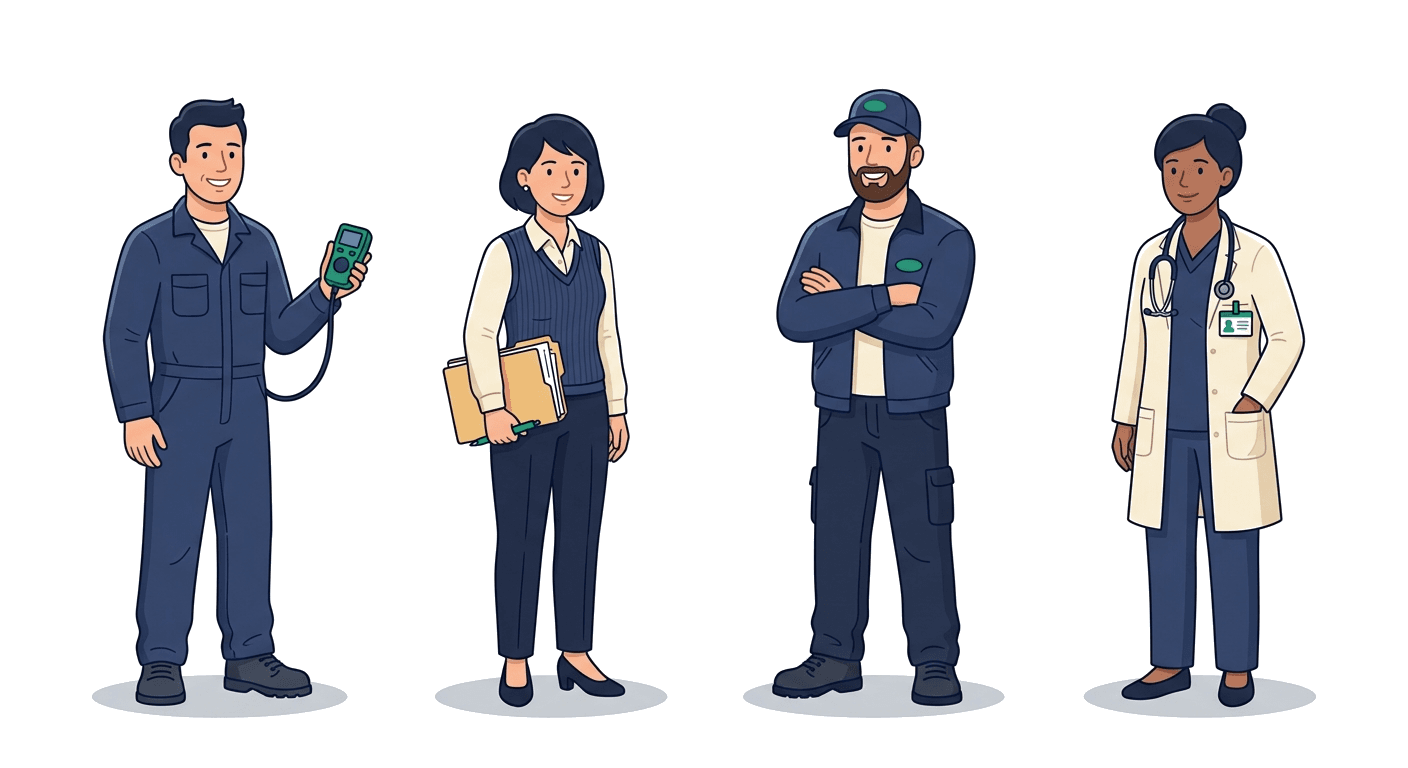 Commercial insurance clients QuoteMatch matches with brokers: an electrician, an accountant, a truck driver, and a healthcare worker